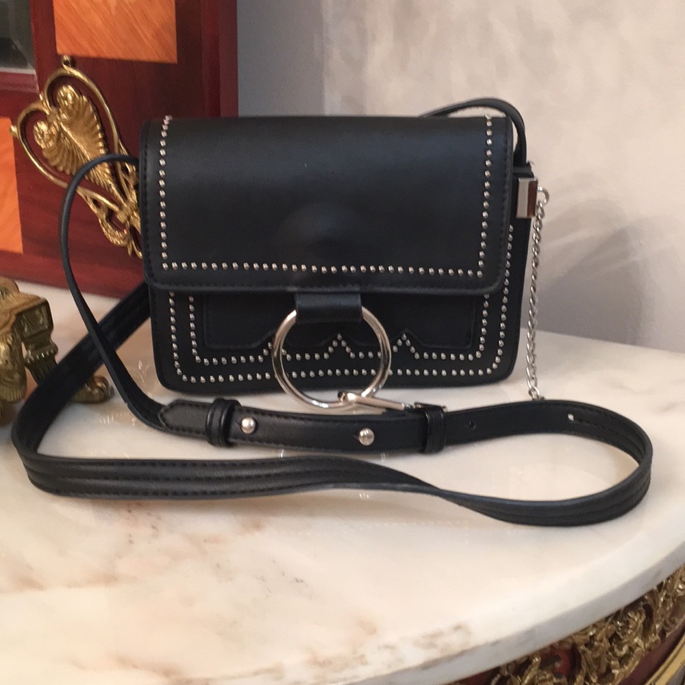 Black leather studded silver metal lock detail Crossbody Bag